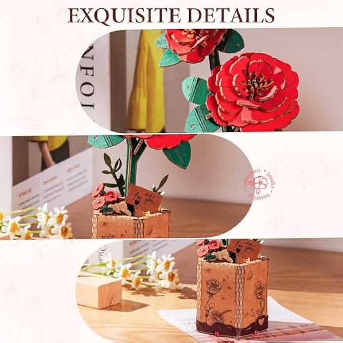 3D PUZZLE WOODEN FLOWER RED CAMELLIA DIY MODEL KIT TO BUILD FOR ADULTS ARTIFICAL BOUQUET COLLECTION CRAFT BRAIN TEASER PUZZLE CREATIVE GIFT HOME DECOR - Image 4